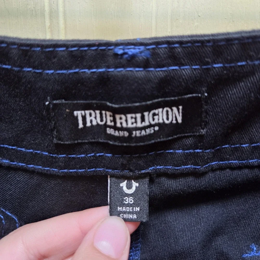 True Religion Mens‎ Cargo Pants Jet Black Pacific Blue Contrast Stitch 108335 36